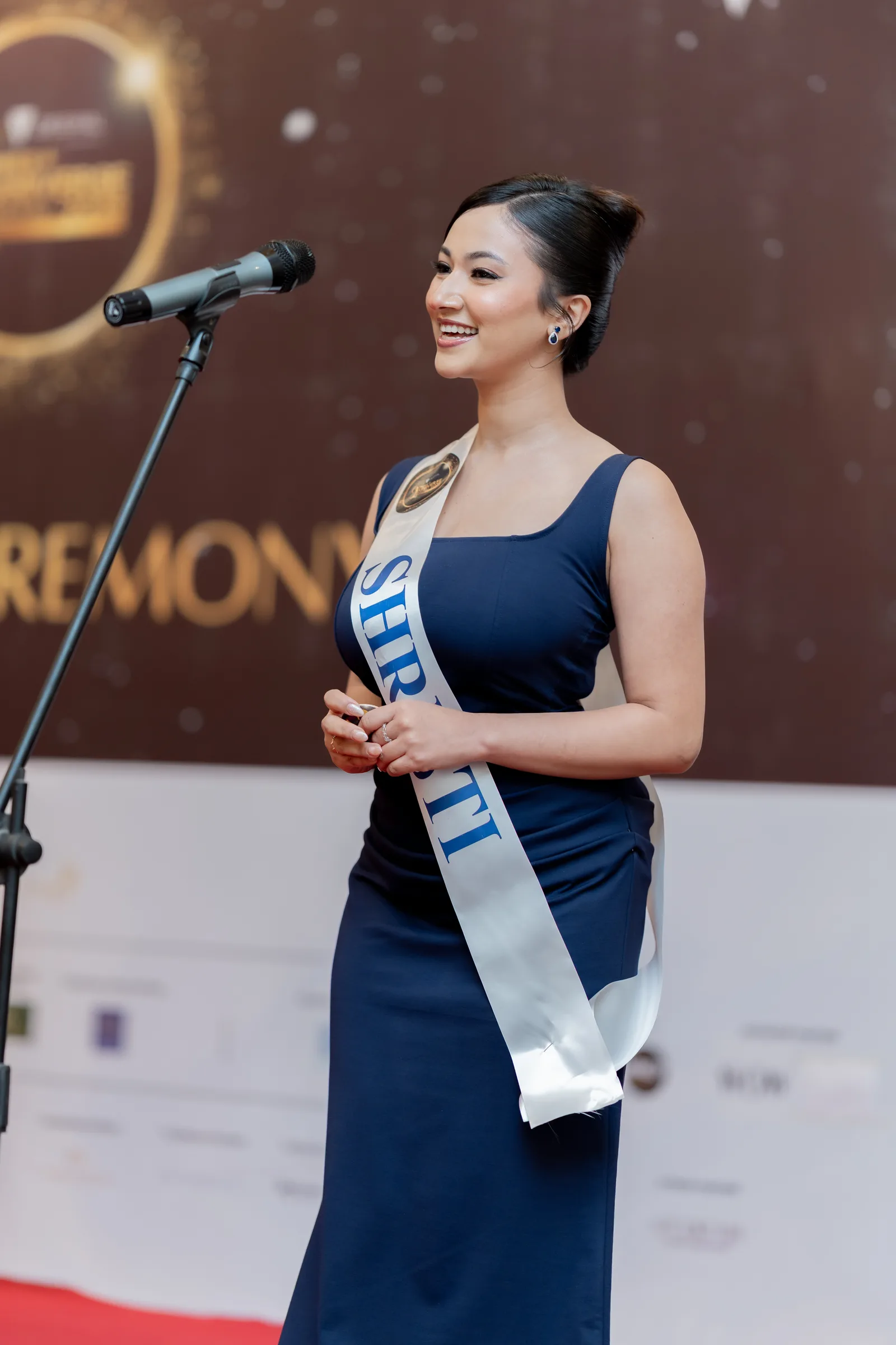 Shristi Bhusal at Miss Universe Nepal 2026 sash ceremony on stage